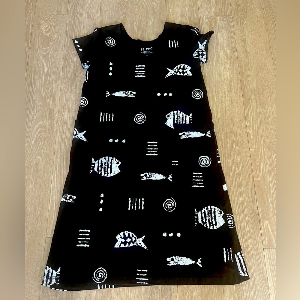 M.Mac Black Maxi Dress Womens Size M Short Sleeve Rock Fish Dress Cotton Beach